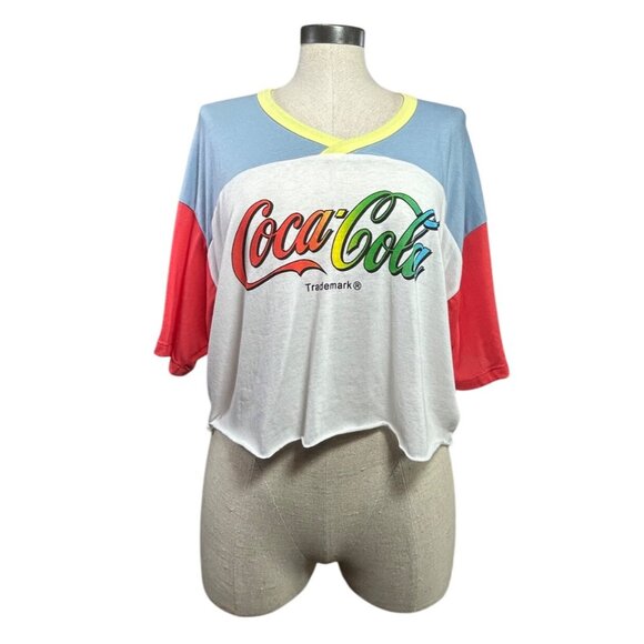 CHASER COCA COLA Graphic Crop Tee S White Colorblock VNeck Oversize Cotton Blend - Picture 2 of 8